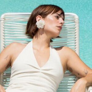 NWT. Zara Ecru Flower-Shaped Earrings with Tonal Beading.